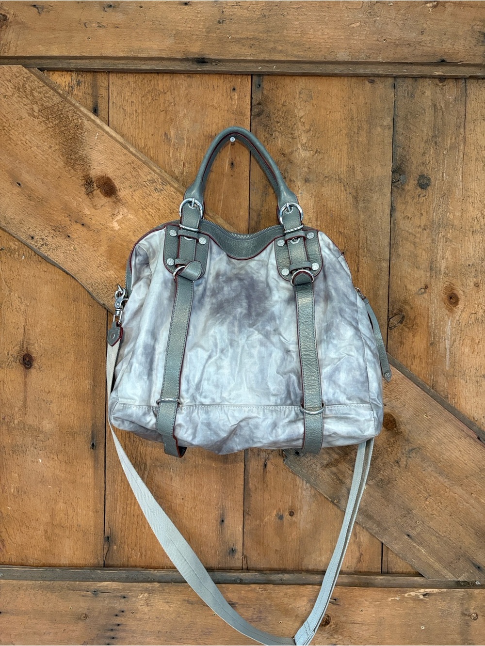 MZ Wallace Metallic Gray Distressed Nylon Leather Satchel Crossbody Bag